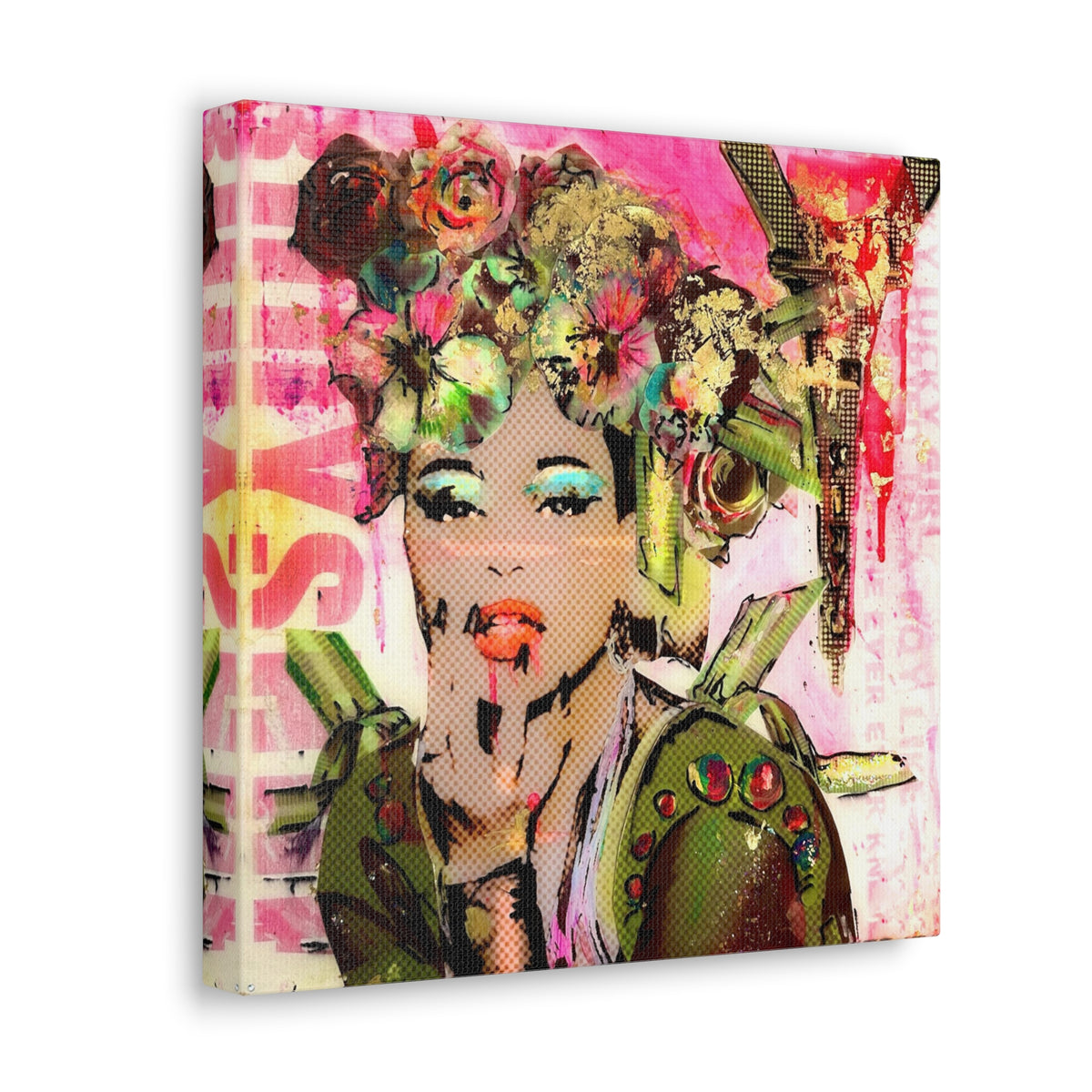 Kim Petrus - UnHoly - Canvas Gallery Wrap, Pop Culture, Wall Art, Fan Art, Dance Music, Empowering, Chic Modern Wall Decor, Contemporary Icon, Flowers, Pink, Pop Art.