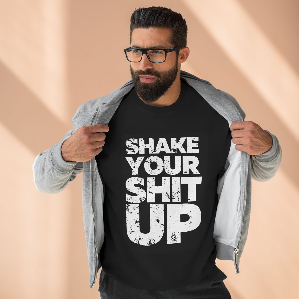 Inspirational Unisex Crewneck Sweatshirt - "Shake Your Shit Up" Motivational Grey Sweatshirt