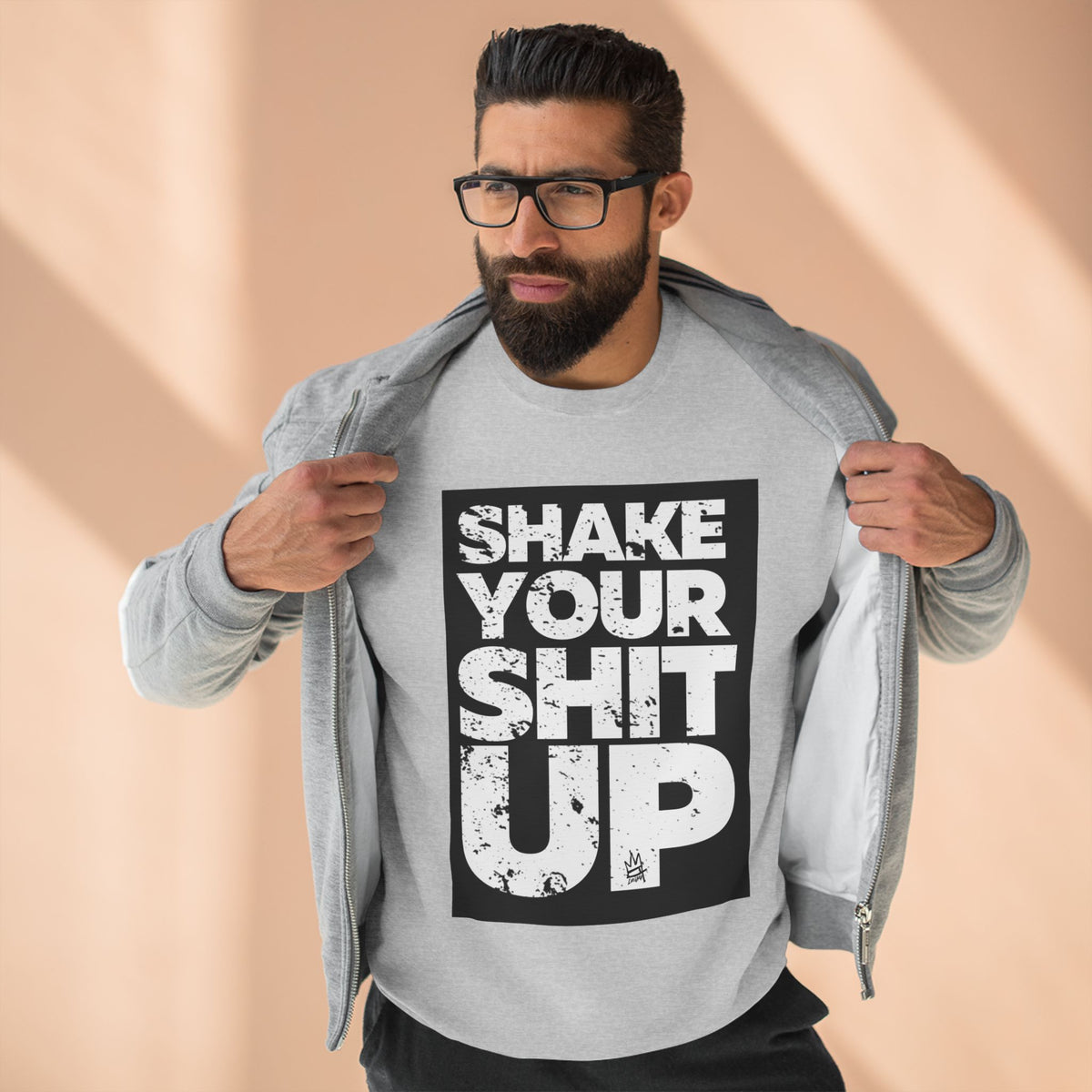 Inspirational Unisex Crewneck Sweatshirt - "Shake Your Shit Up" Motivational Grey Sweatshirt