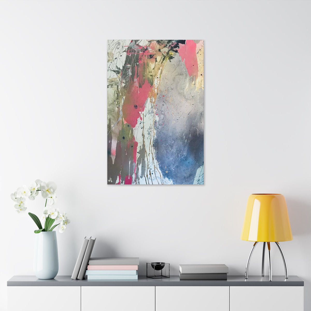 DROPS OF JUPITER Abstract Color Splash Canvas Print — Modern Pink & Blue Stretched Wall Art