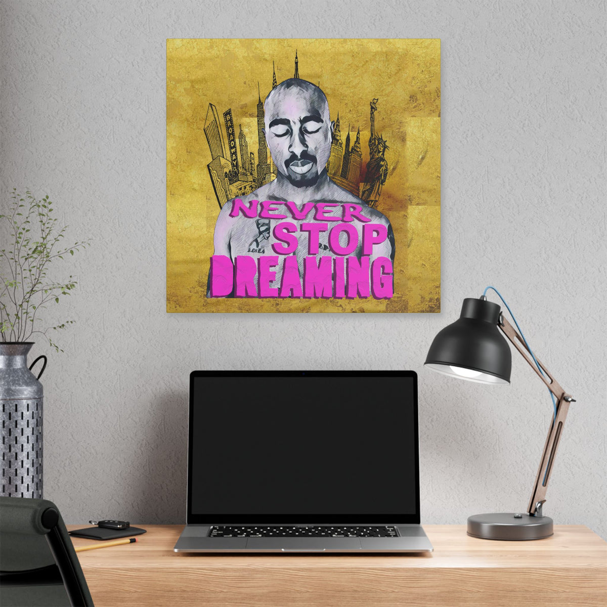 Never Stop Dreaming - Canvas Gallery Wrap, Pop Culture, Wall Art, Fan Art, Music, Hip Hop, Rap, 2Pac, Contemporary Icon, Inspirational Legend. Stylish Wall decor.